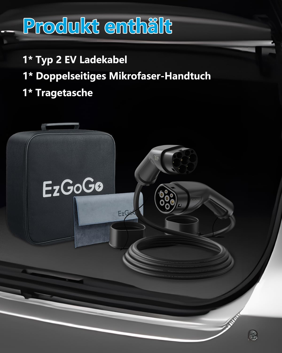 EzGoGo Typ 2 Ladekabel, 11 kW / 16A / 3-Phasig / 8 Meter/Modus 3, Typ 2 EV Ladekabel für Elektroauto mit Tragetasche und Mikrofasertuch