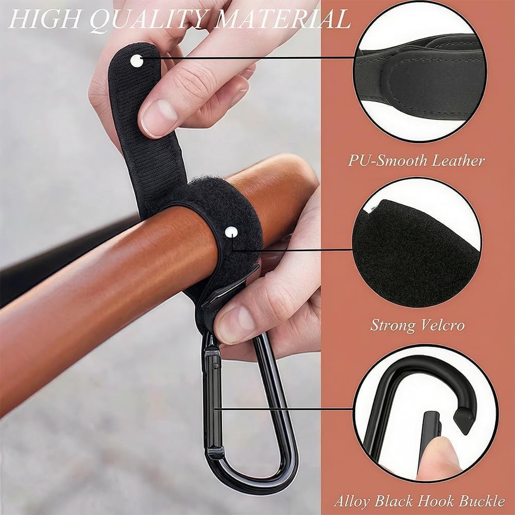 2 Pcs Baby Stroller Hooks, Bag Hooks for Hanging Diaper Bags, Multipurpose Hooks for Grocery Shopping Bags,Premium Vegan Leather Pram Straps (Black) - 3