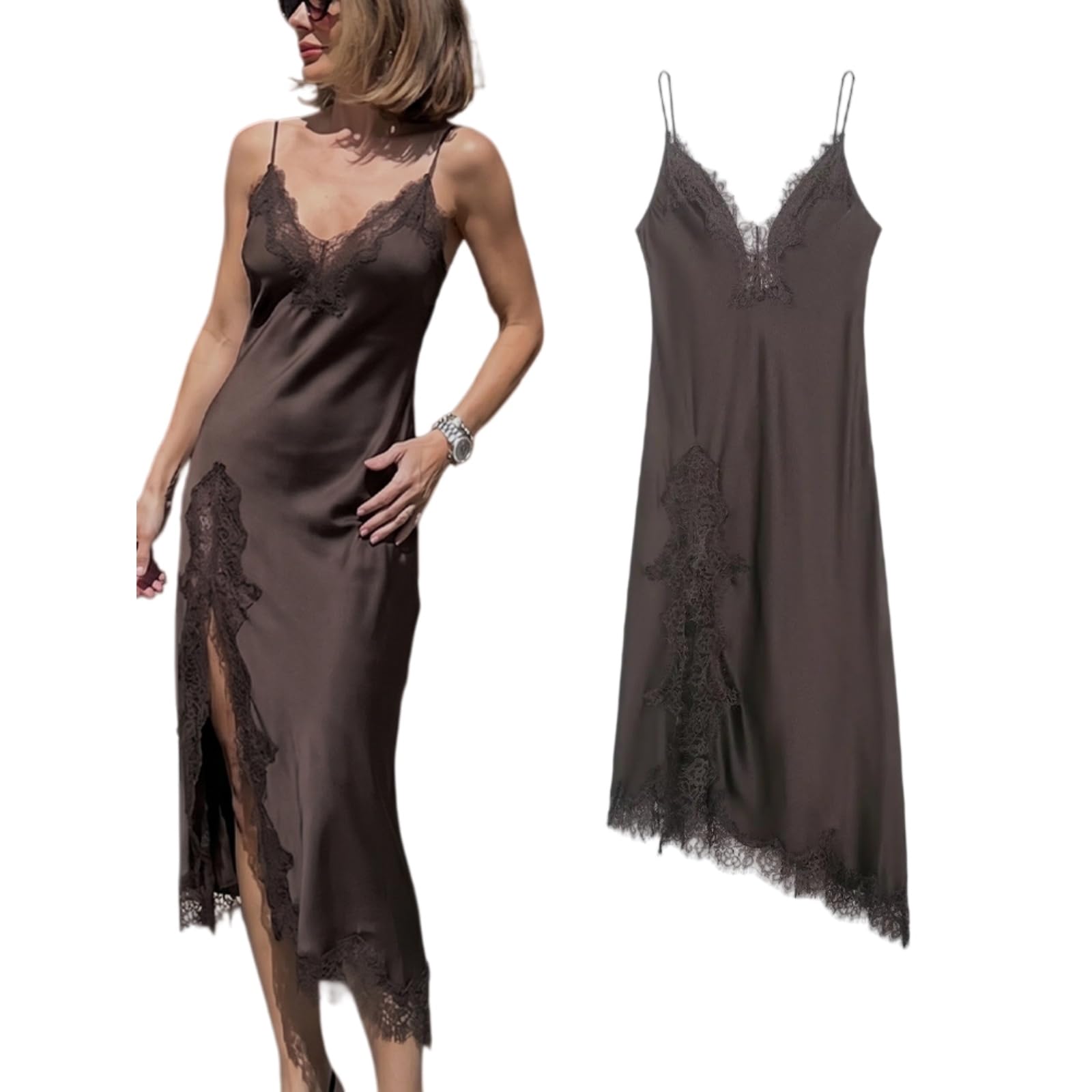 Robe d'été dos nu en dentelle marron pour vos soirées chic et rendez-vous romantiques