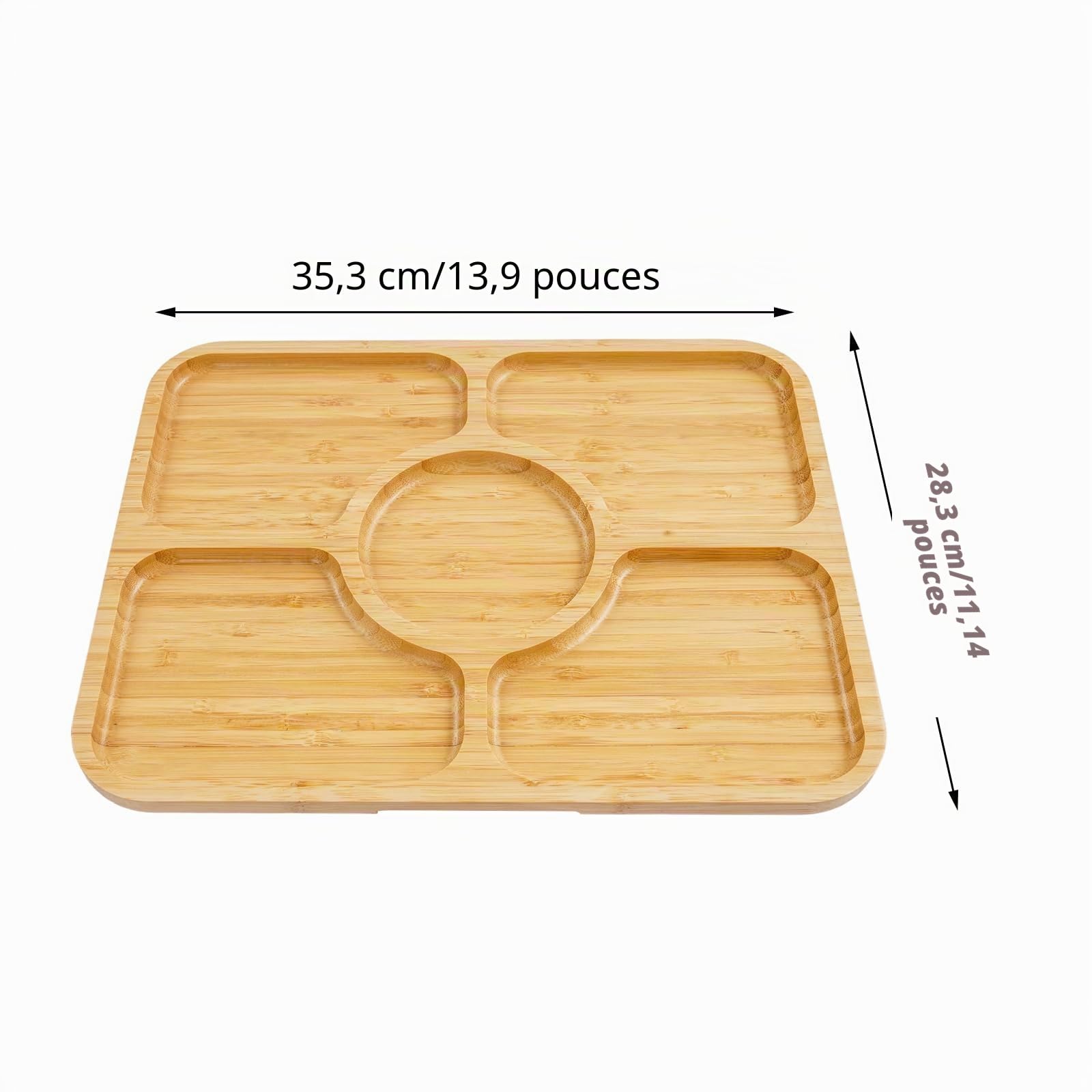 Lot de 2 planches à charcuterie avec couvercle - Planche à fromage portable avec 6 compartiments en bambou et acrylique - Pour cuisine, pique-nique, fête, goûter, 35 x 28 cm - Bois naturel