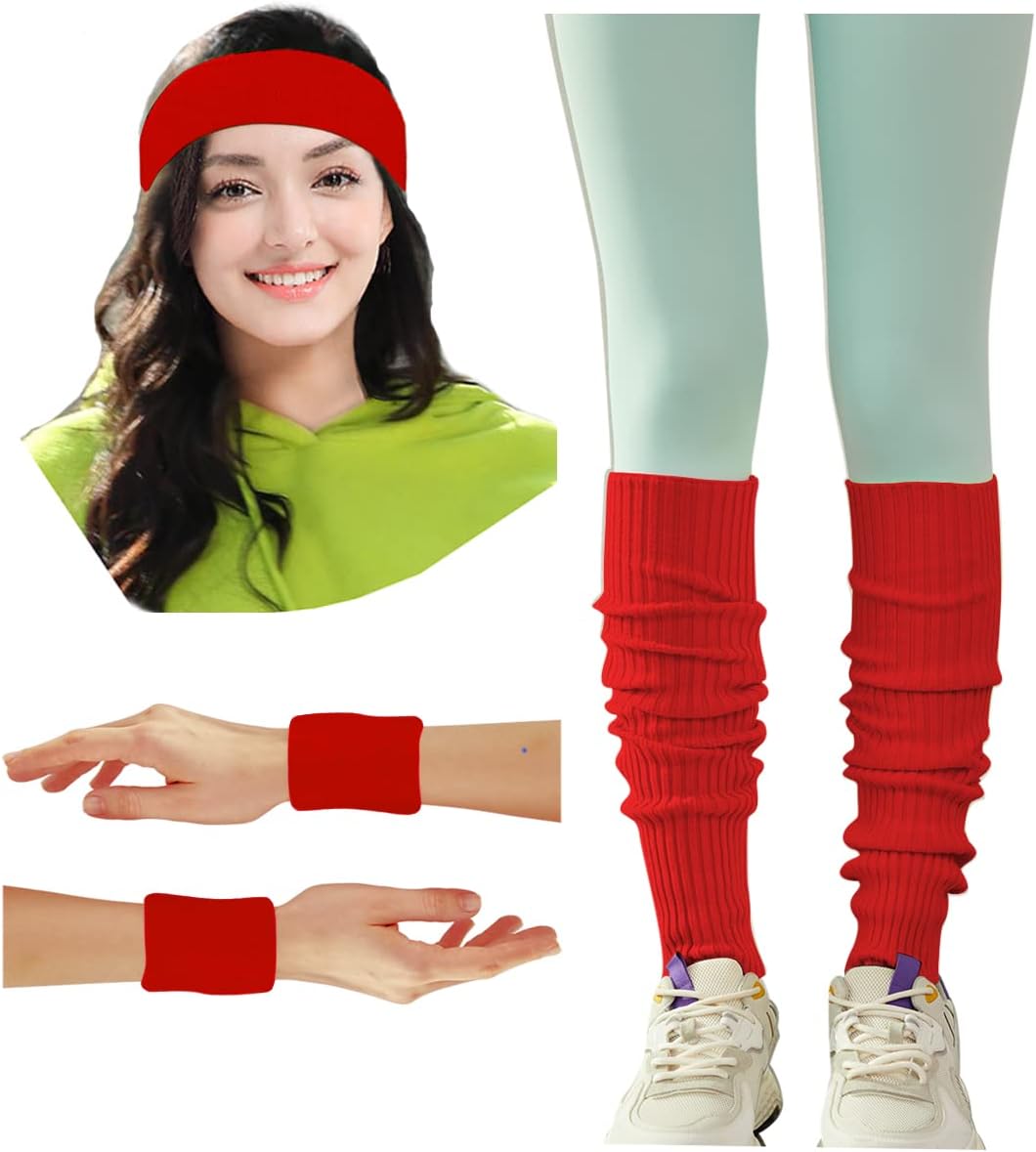 v28 Neon Leg Warmers Set for women Headband Sweatbands Wristbands 80s 90s Pink Running Fanny 80’s Plus Size Costumes Pack