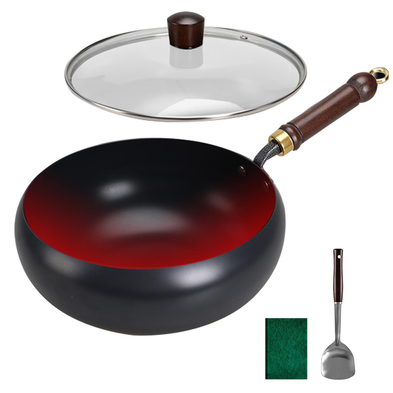 Japanische Eisenpfanne – 2025 Handgefertigte Unbeschichtete Antihaftpfanne aus Reinem Eisen 28cm mit Holzdeckel oder Glasabdeckung,Für Küche,Induktion,Elektro- und Gasherde (28cm glass cover)