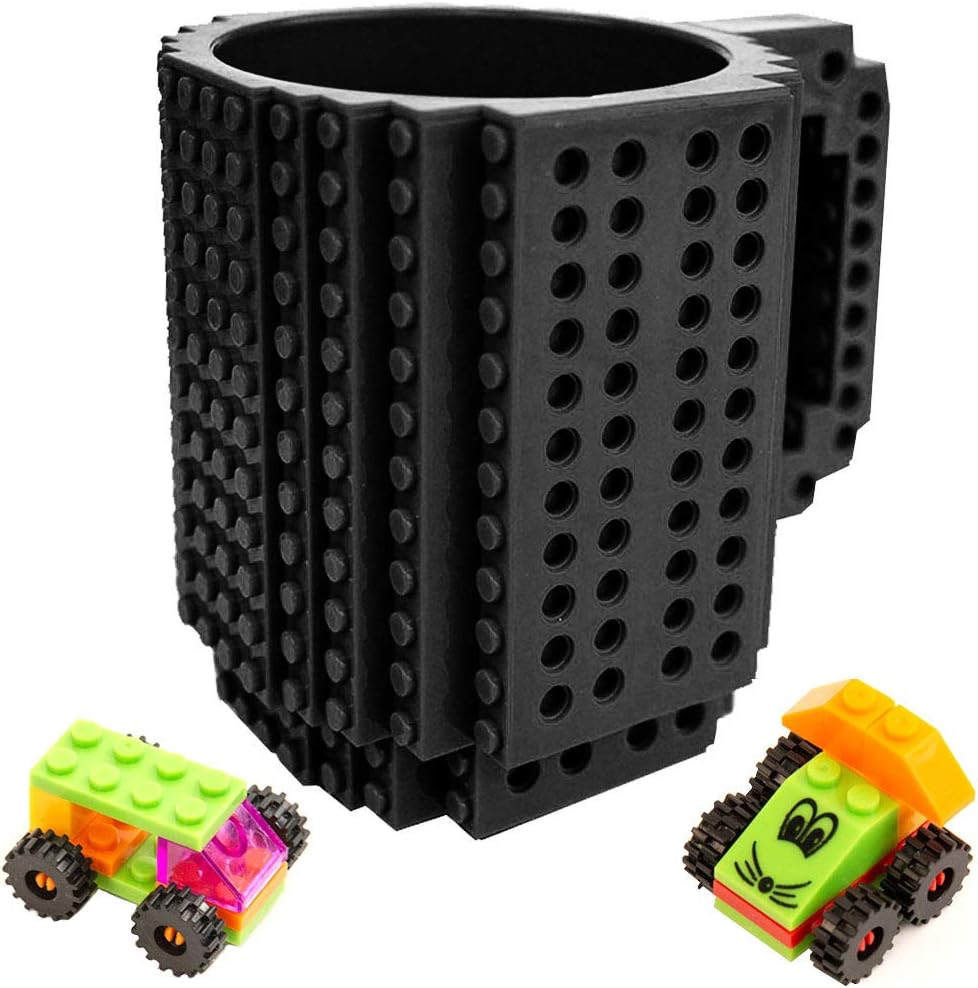 OSOPOLA Build-On Brick Mug Coffee Cup DIY Type Plastic Creative Building Blocks Coffee Tea Beverage Drinking Funny Gift(12oz Black Mug)