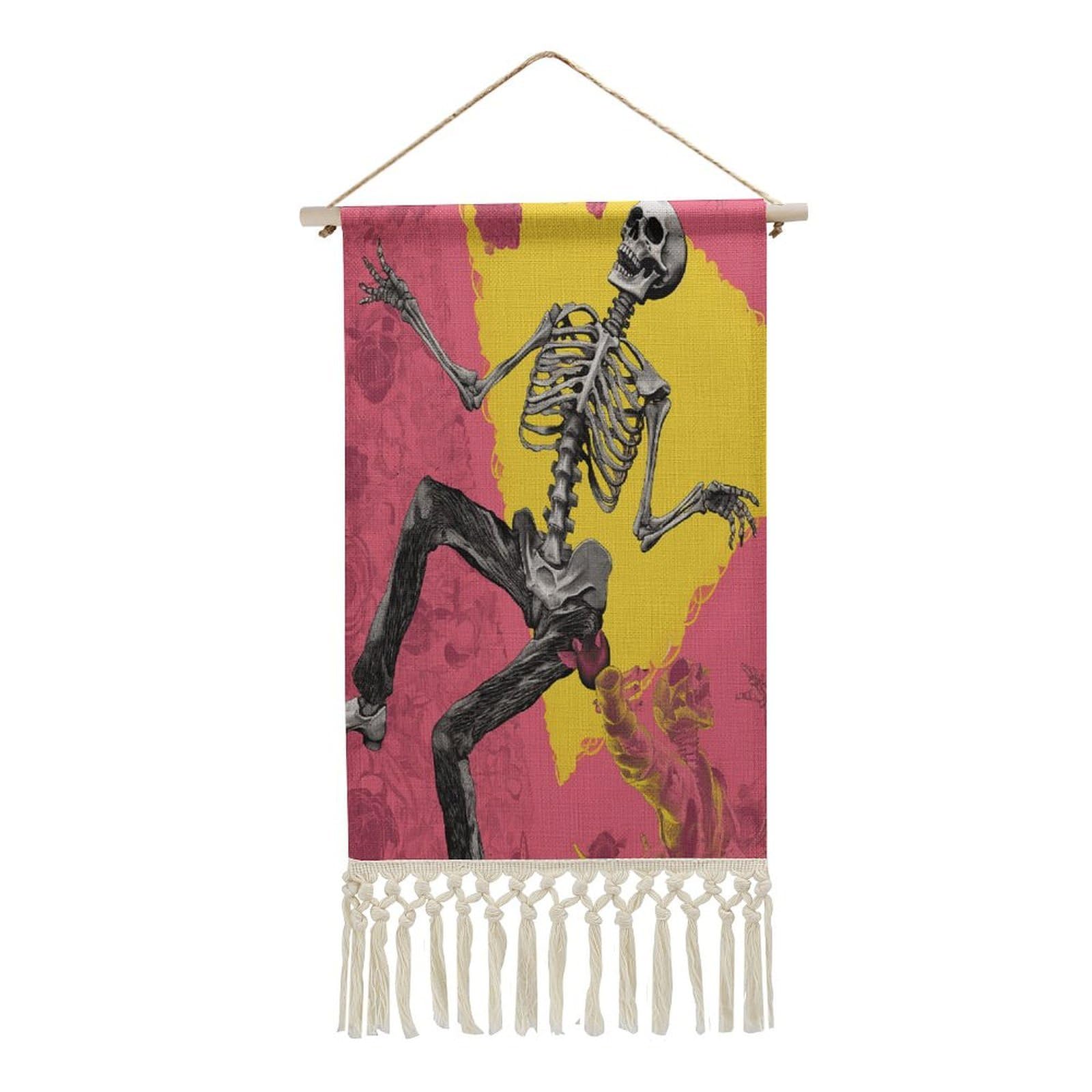 FekiLoot Peach Skull Wall Art Poster Hanger Frame Vertical Tassel Tapestry Cotton Linen Hanging Poster Decorative Wall Art Prints Vintage Wall Art Decor for Home Bedroom Living Room Office