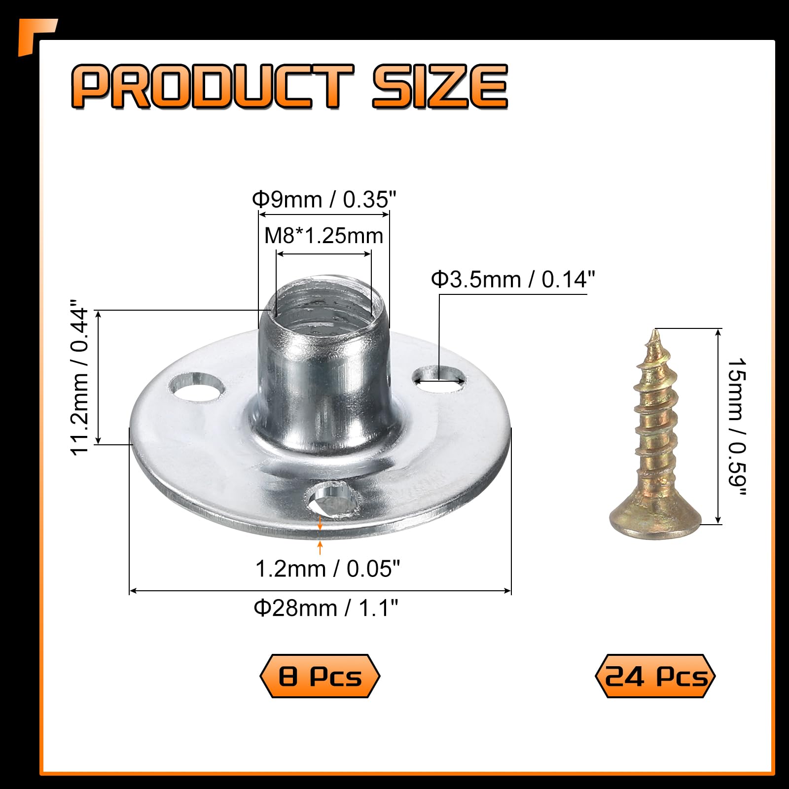 uxcell 8Pcs M8 T-Nuts, Zinc Plated Steel Brad Hole Tee Nut with Screws, 3-Hole Round Base Weld Nuts 11.2mm Height Through Hole Flange Insert Female Thread Plate Nuts, Silver