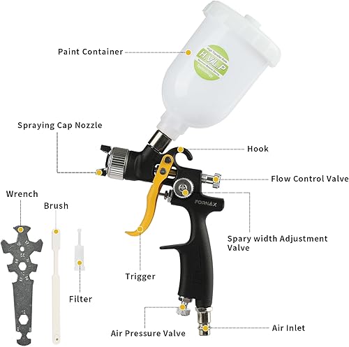 Miniatura 2 de FORNAX Mini pistola de pintura HVLP con boquilla de 0.031 in, capacidad de 250 cc, cepillo y llave