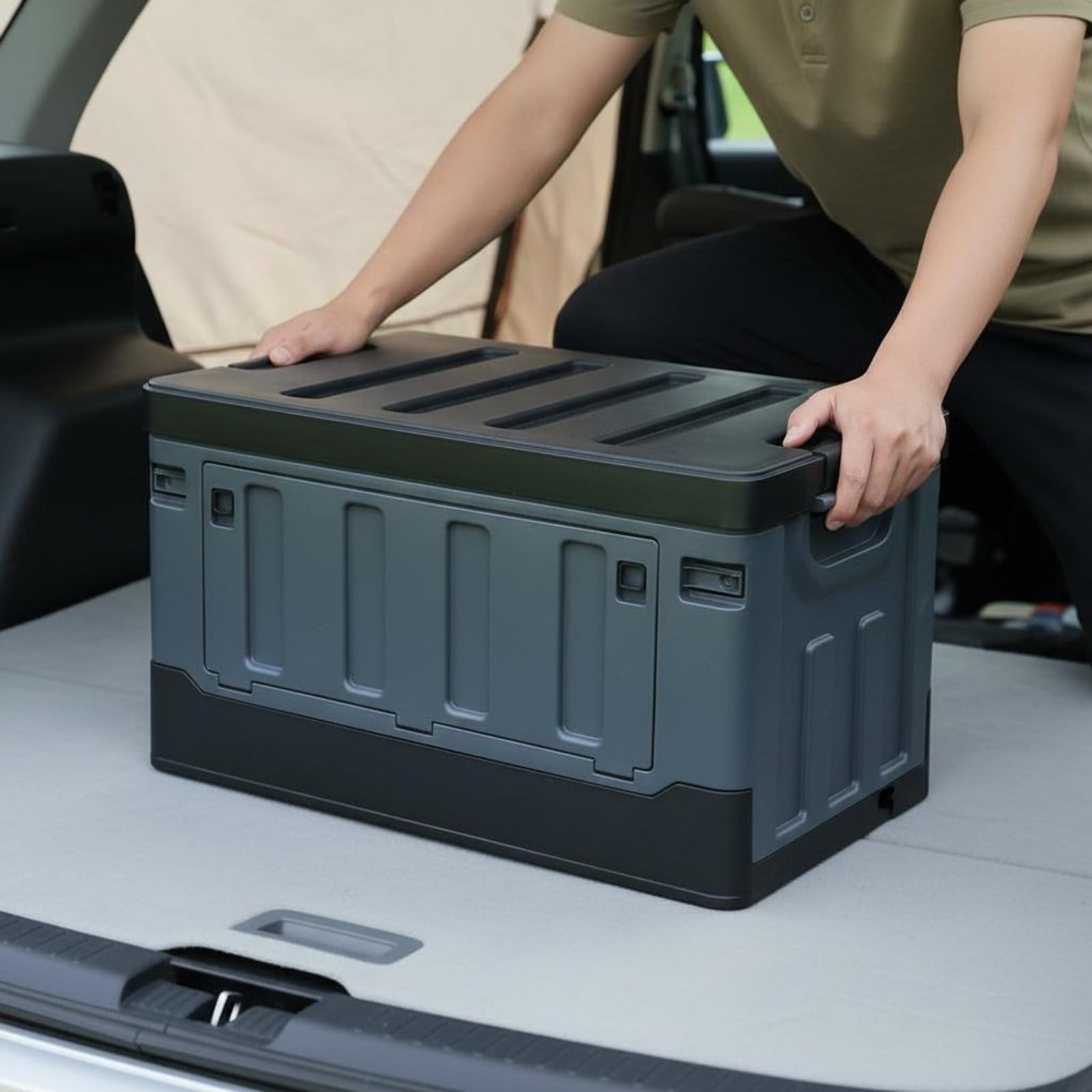 Qianly Aufbewahrungsbox mit Seitentür faltbar zusammenklappbare Kofferraumbox mehrere Fächer Faltbox für Camping, Upgrade-Trennung, Weißsilber, Seitenöffnung, Hoher Deckel, Groß, 80L