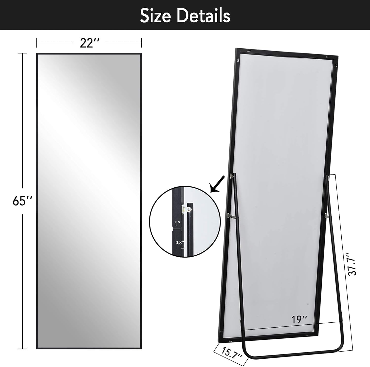 PexFix Full Length Mirror Floor Mirror Aluminum Alloy Frame Standing Mirror Dressing Mirror Wall Mounted Mirror for Home and Office 65"" x 22"", Metal Black (US-LJ163MT016-BK)