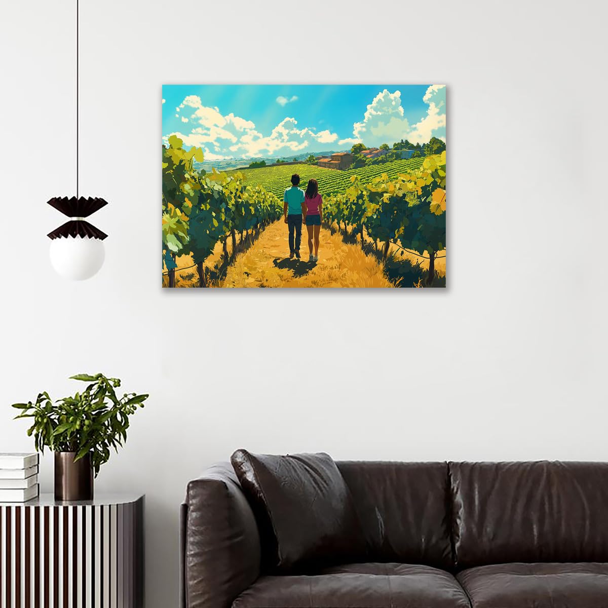 Stampa artistica da parete, motivo: una giovane coppia che cammina nel vigneto Piemonte, stile animazione, arte su tela per la decorazione della casa (1,80 x 120 cm (senza cornice)