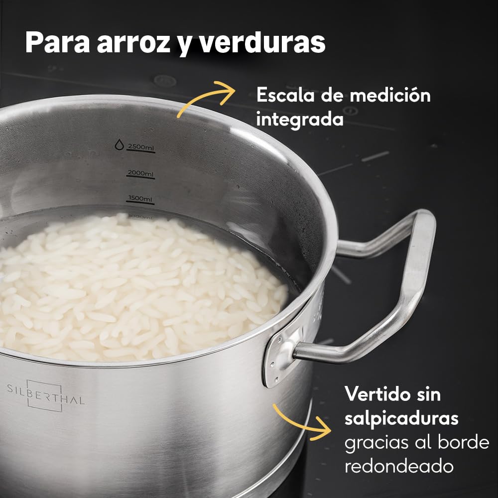 SILBERTHAL Olla 20 cm con tapa de cristal - Cazuela acero inoxidable 18/10 - Inducción y horno - Calienta rápido