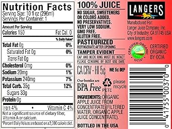 Langers Organic 100% Apple Juice, 10 Fl Oz (Pack of 12)