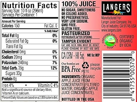 Langers Organic 100% Apple Juice, 10 Fl Oz (Pack of 12)