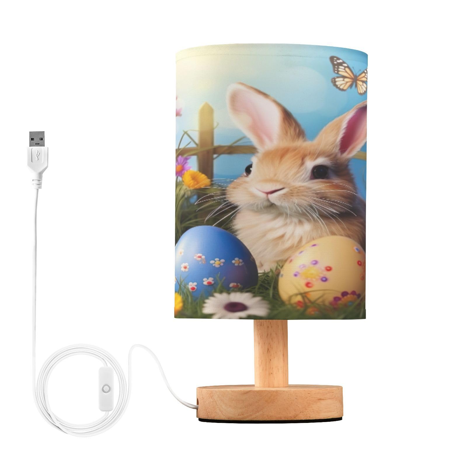 SDMKA Bunny Easter Eggs Bedside Table Lamp for Bedroom, Minimalist Nightstand Lamp with Round Fabric Shade for Living Room, Office, No Bulb Required