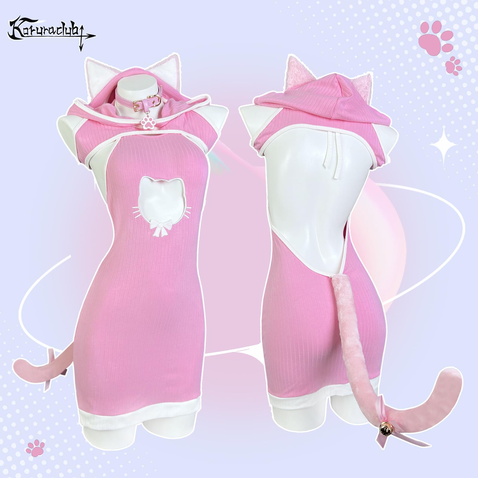 KORURACLUB Sexy Cat Maid Outfit Womens Lingerie Set Kitten Cat Claw Cosplay Sexy Sweater lingerie animal Cosplay lingerie: Pink Tabby XS-M