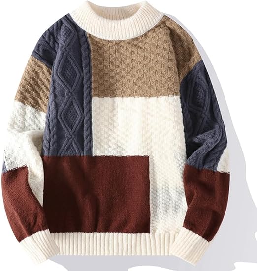 Wintertrui Herenmode Patchwork Gebreide truien Heren O-hals Casual truien Streetwear breitrui Man (witte kraag, XL)