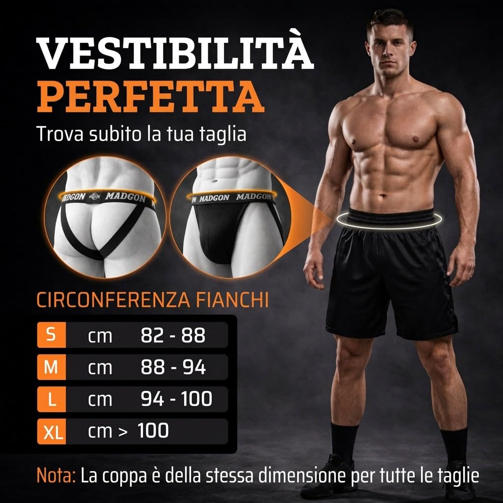 MADGON Jockstrap Uomo vestibilità Perfetta – Sospensorio Uomo Ampia libertà di Movimento – Conchiglia Muay Thai Massima comodità – Vita Elasticizzata con Sacca Inclusa