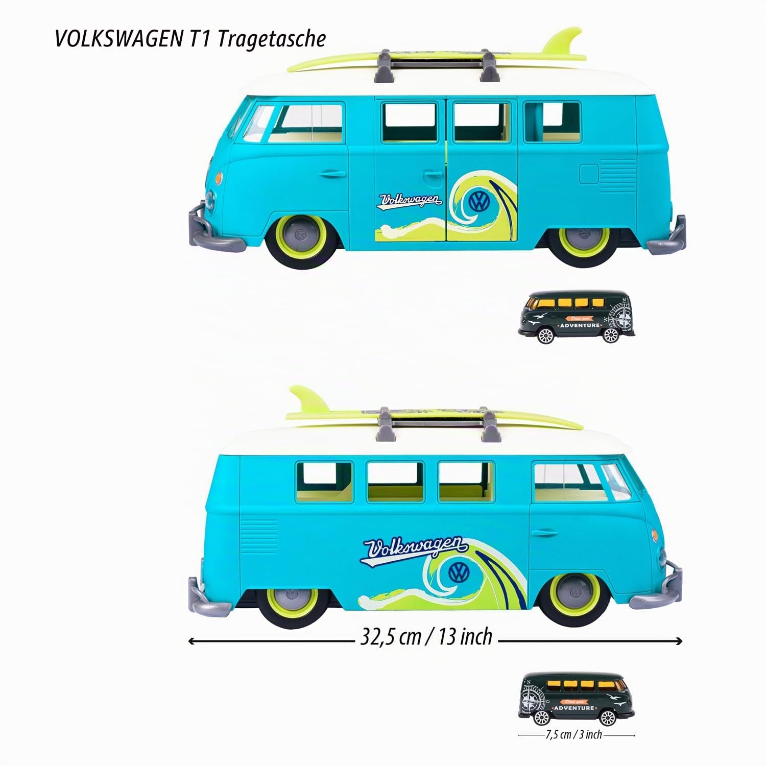 Majorette - Volkswagen The Originals T1 Auto-Transporter - großes Car Carry Case (32,5 cm) zur Aufbewahrung von bis zu 10 Spielzeugautos, inkl. Modellauto & Stickerbogen, für Kinder ab 3 Jahre, Blau