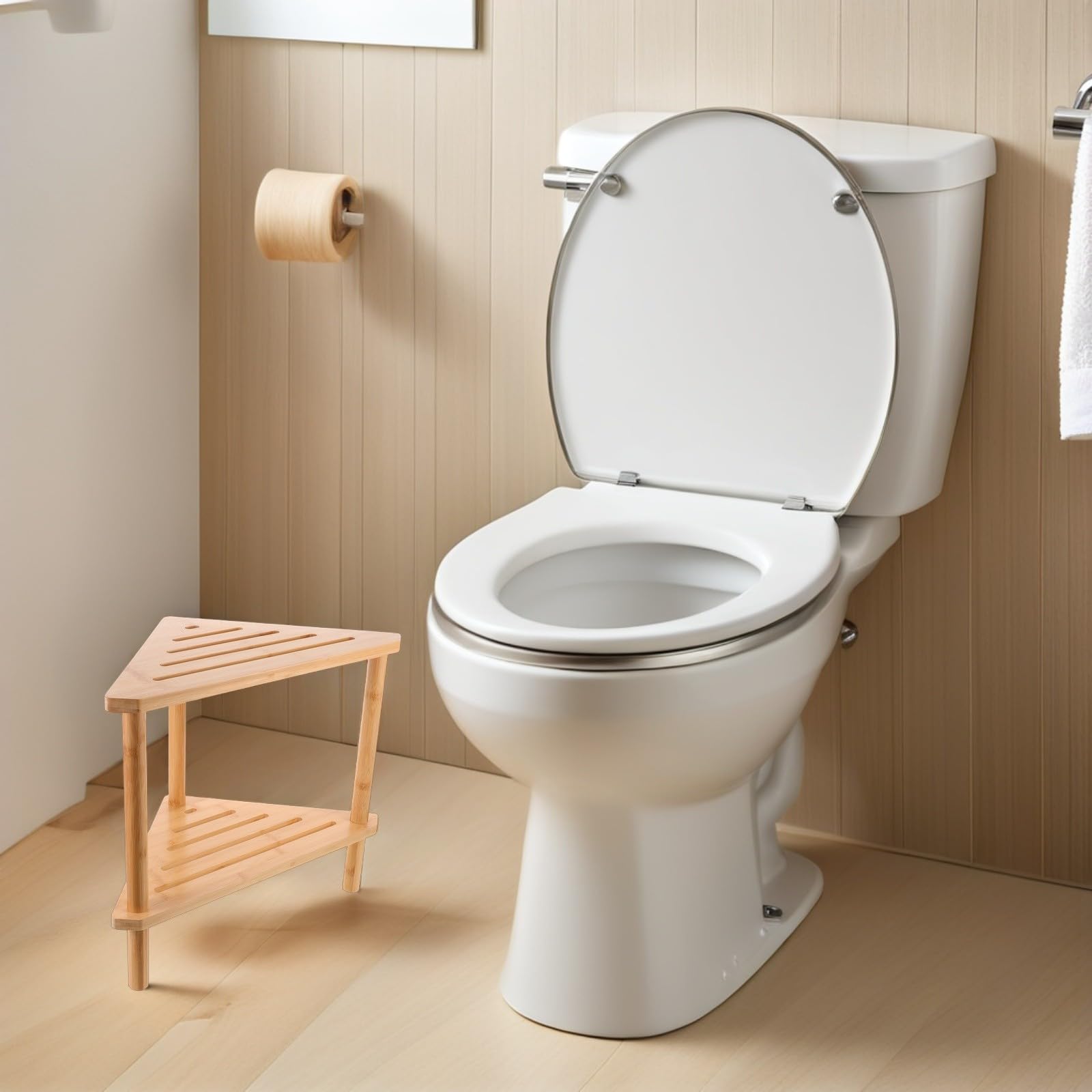ibasenice Banco para Baño Diseño Triangular Doble Capa, Reposapiés y Taburete para Cambiar Zapatos de Madera y Bambú Base Triangular Ensanchada
