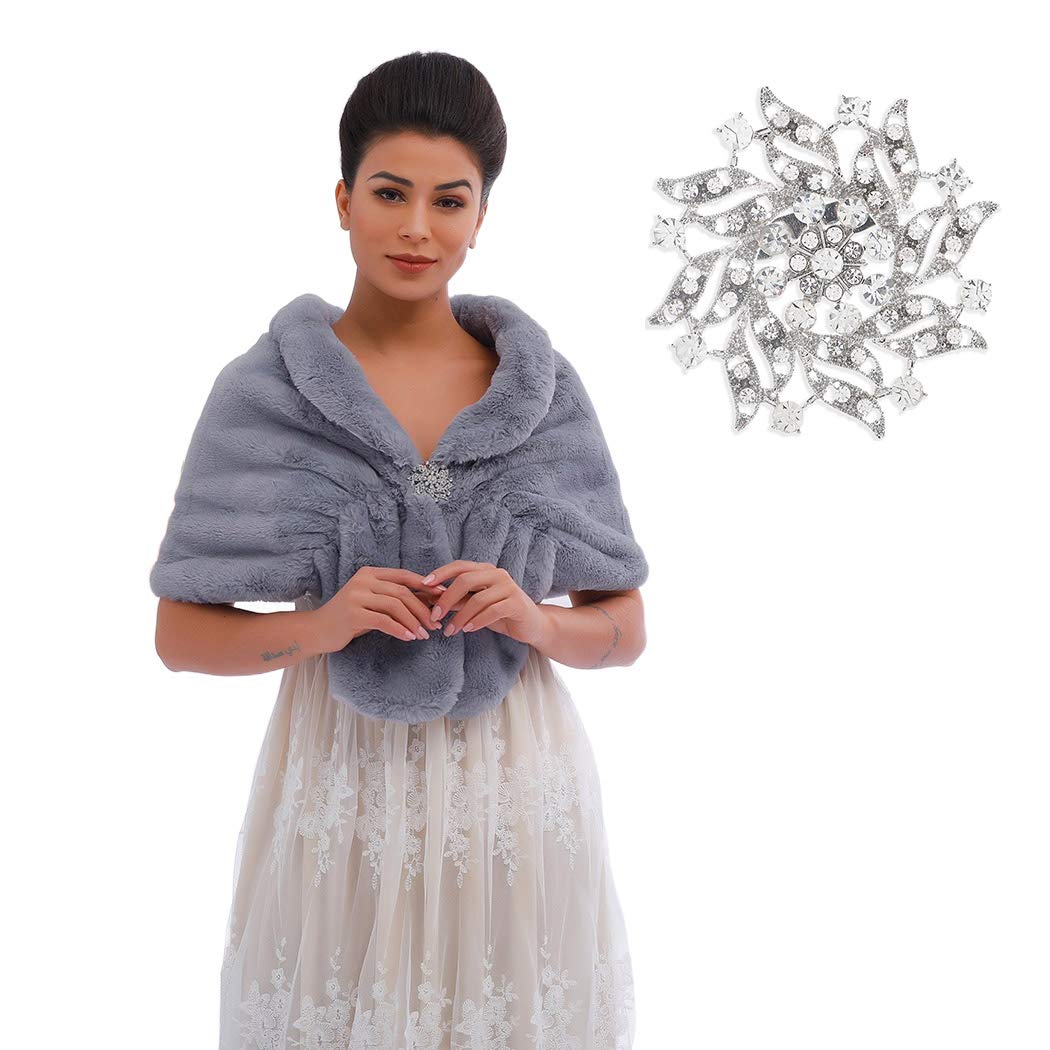 Relbcy 1920s Faux Fur Shawl Wraps Winter Bridal Fur Stoles Bride Wedding Fur Cover Up for Brides and Bridesmaids (Gray)