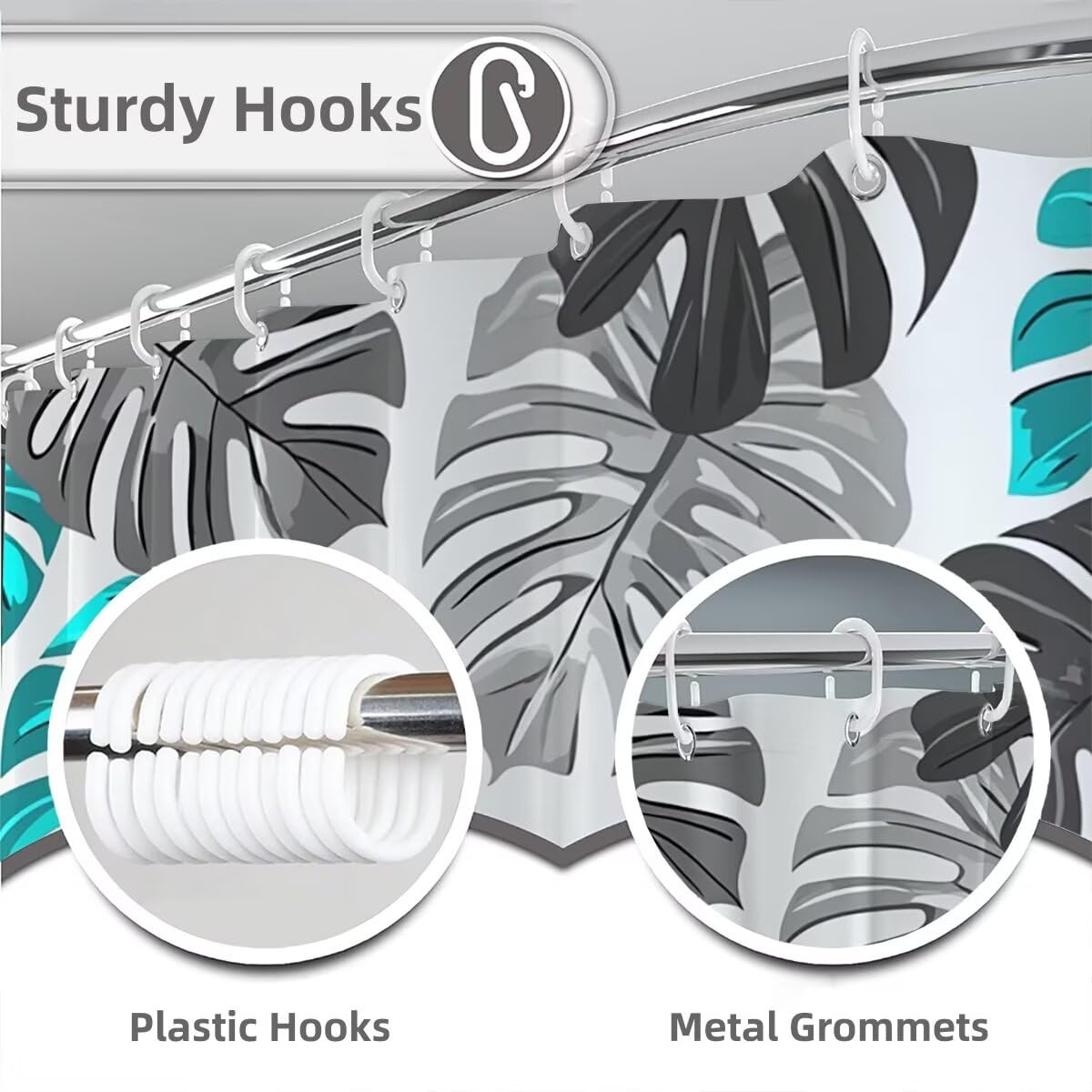 Grau Duschvorhang 240x200, Duschrollo mit 12 Duschvorhang Haken, Blatt Shower Curtains Beschwerter Saum, Waschbar Polyester Stoff Wasserdicht Extra Lang für Badewanne Badezimmer Deko, Geschenke -3281