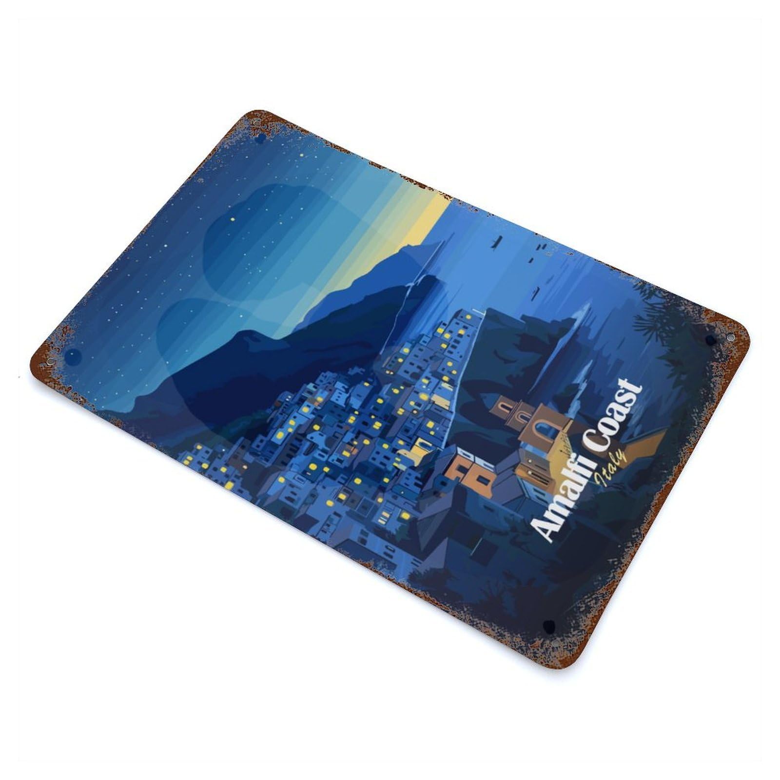 Rust Effect Amalfi Coast Night View Aged Metal Wall Plaque 11.8"x7.9", Rustic Home Decor for Bistro, Counter And Cafe Decor