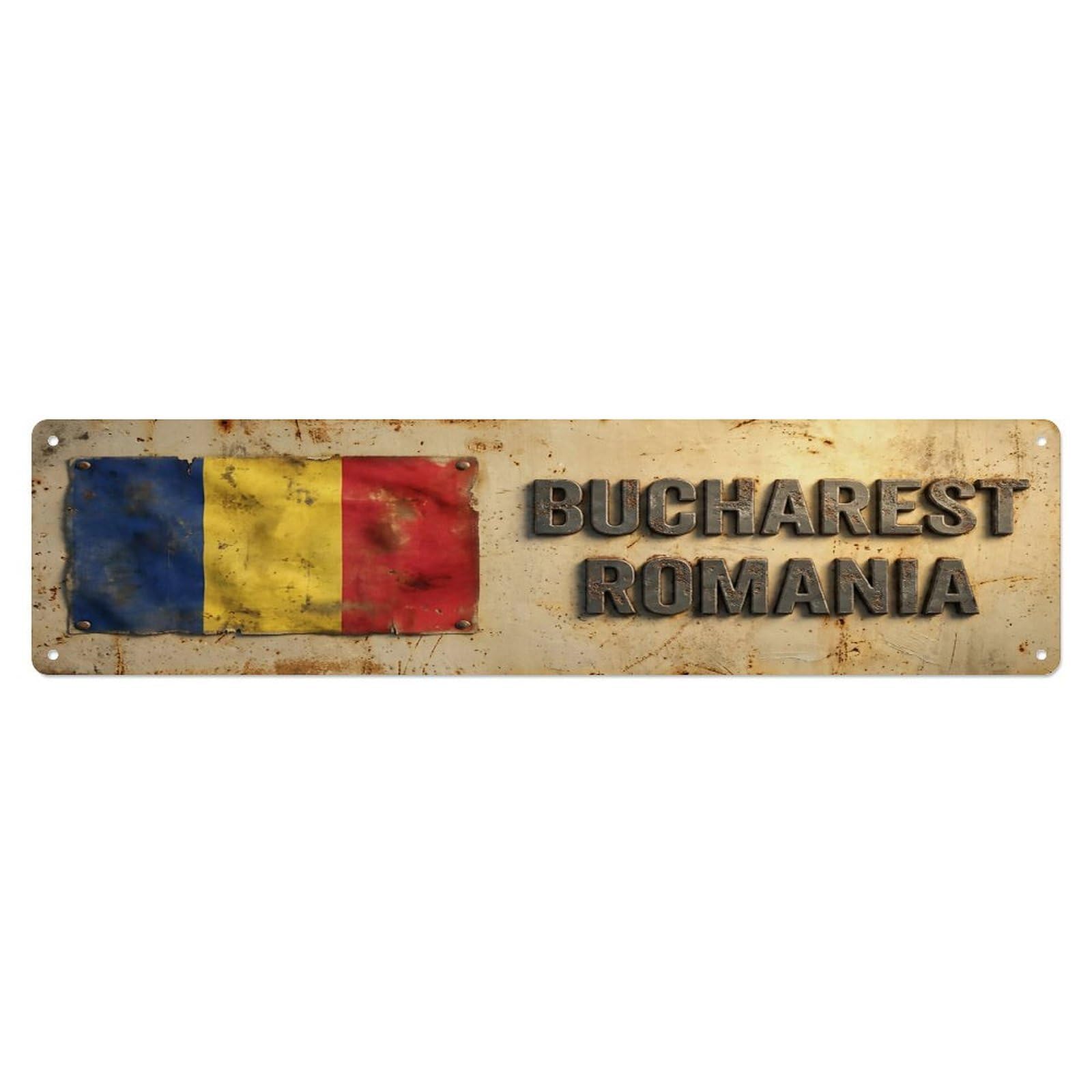 Vintage Bucharest Romania Flag Decor Rustic Travel Metal Tin Sign