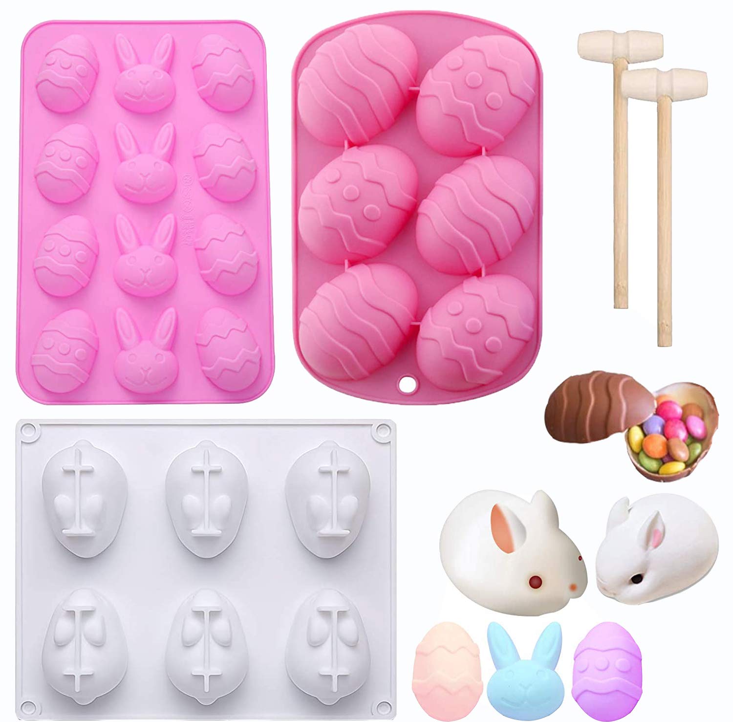3 Pieces Easter Molds Easter Egg Chocolate Silicone Mold 3D Easter Rabbit Bunny Cake Baking Mold Easter Silicone Molds for Candy Cookie Silicone Baking Mold for Party Jelly Ice Cube--2 Wooden Hammers