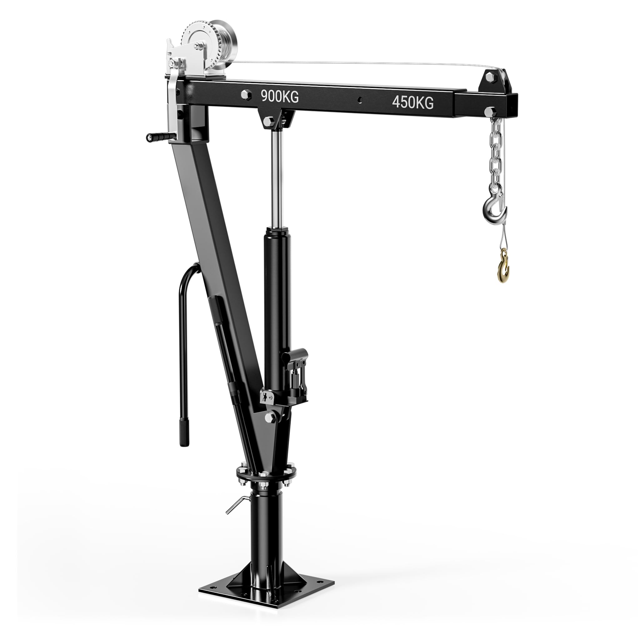 Wiltec Grue de levage de pick-​up – Capacité de charge max. de 900 kg – Chèvre mécanique d'atelier avec Socle massif Bras pivotant à 360° et Treuil – Ancrage Fixation au sol et Remorque