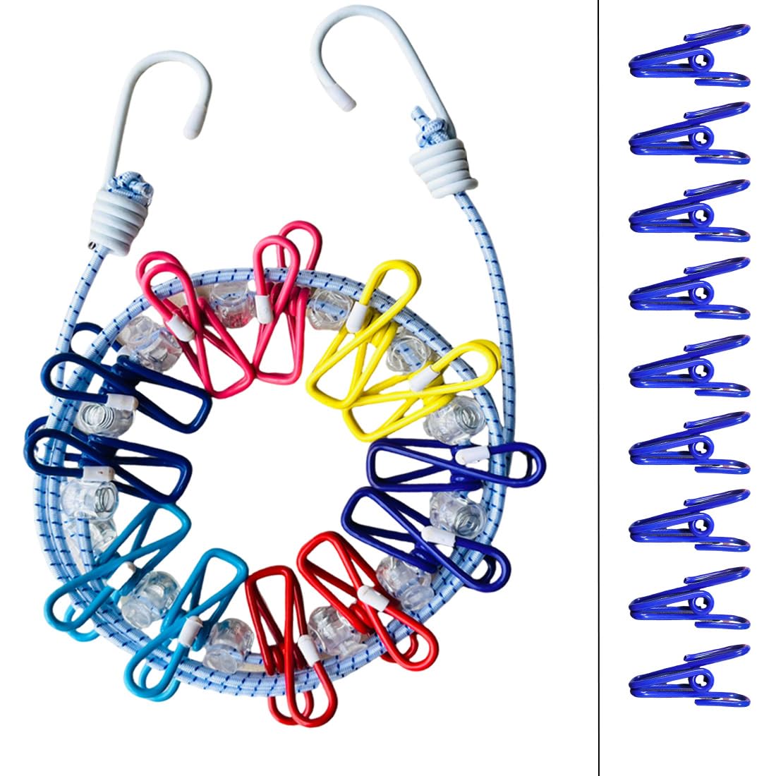 DAFUWENGWashing Line with 12 Clips and Attachments + 10 x Freestanding Clips, Adjustable, Multifunctional, Portable, Non-Slip, for Dorm, Outdoor, Camping, for Underwear Socks (White Rope)