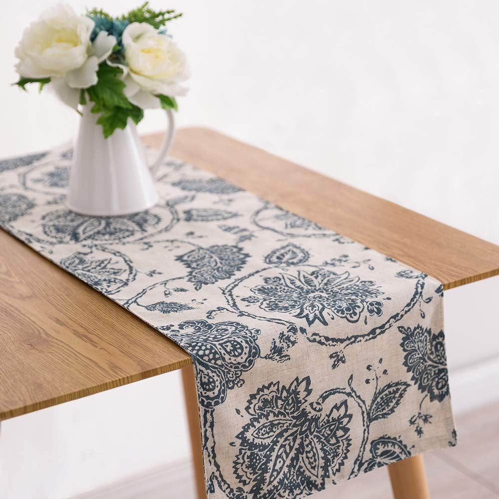 jinchan Linen Table Runner Farmhouse Scroll Pattern Table Runner Decorative Burlap Table Runners 72 Inches Long Floral Coffee Table Runner for Dresser Dining Room 1 Panel 13x72 Inch Blue on Beige