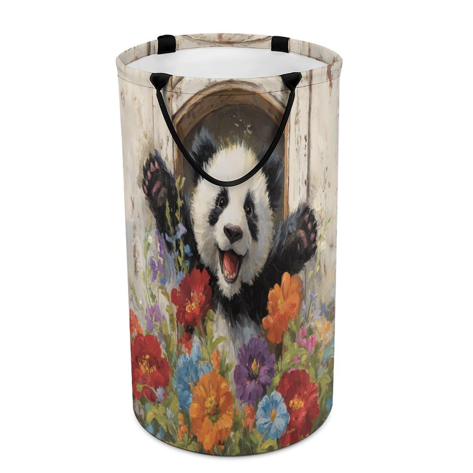 LUYYSKY Vintage Realistic Cute Panda Collapsible Dirty Clothes Basket, Beautiful Abstract Barn Wooden Door Animals Panda Portable Clothes Storage Basket