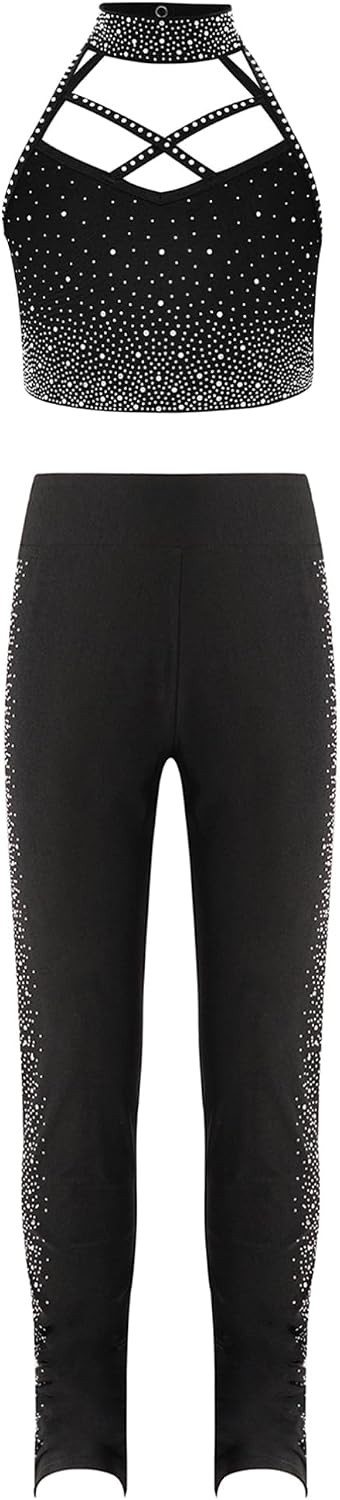 YiZYiF Kids Girls Tank Top And Leggings Figure Skating Outfit Hip-hop Dance Ballet Gymnastics Sport Set Black 12 Years