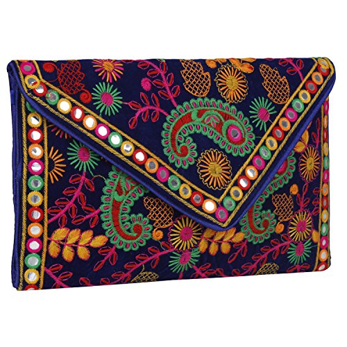 Rajasthani Designed Sling Bag, Foldover Clutch, Hand Bag, Shoulder Bag & Cross Body Bag for Women & Girls (Blue Multi Color)