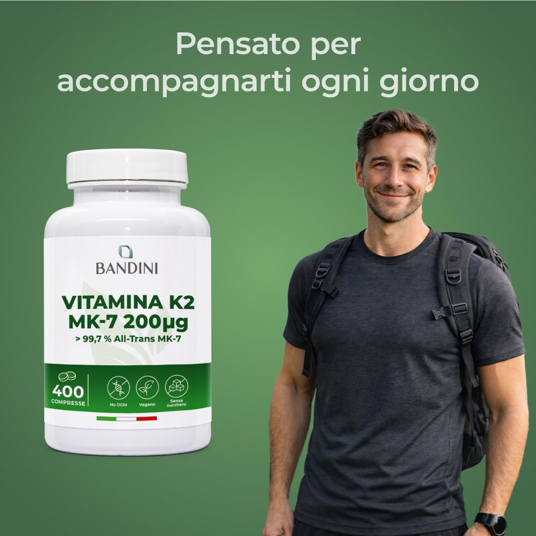 Bandini® Vitamina K2 MK7 200µg | 400 Compresse | Menachinone ad Alto Dosaggio | Vit K 2 MK-7 200 mcg | Contribuisce al Mantenimento di Ossa Normali, 100% Vegan, Senza OGM | Vitamina K Qualità Italiana