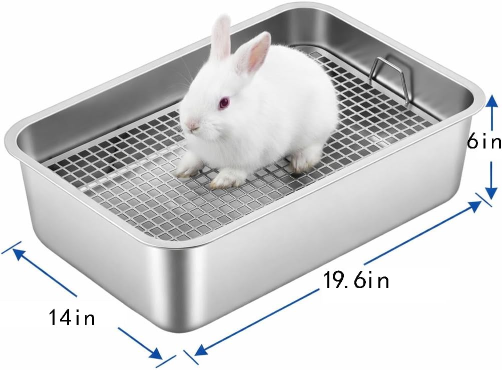 2 Pack Large Stainless Steel Rabbit Litter Box with Removable Grids, High Side Bunny Toilet Tray, Chew-Resistant Litter Pan for Rabbits, Guinea Pig, Ferret, Rat (19.5 x 13.6 x 6 in)