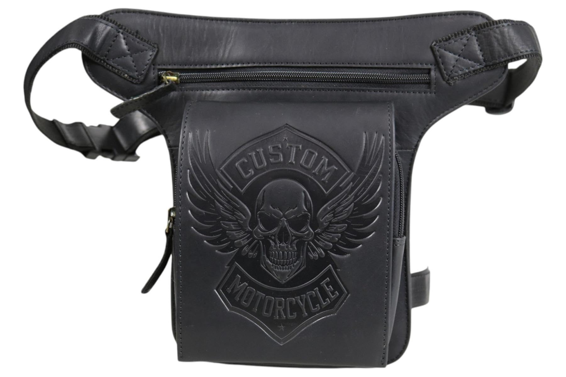 Borsa da gamba moto vera pelle uomo marsupio biker vintage teschio Custom Motorcycle MDM T81 Nero