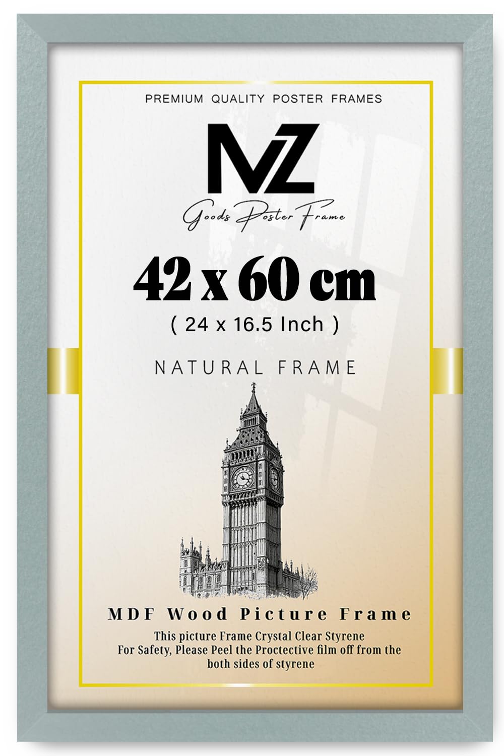 MZ GOODS | MDF Picture Frame (42 x 60 CM) 24X16.5 Inch for Art, Photography, Premium Build, Wall Mounted or Tabletop Display, Hanging Hooks Included [ Silver ]