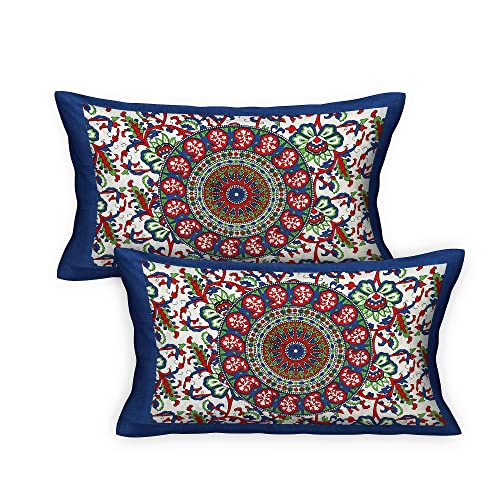 Image of RajasthaniKart Comfort Rajasthani Jaipuri Traditional Sanganeri Print 144 TC 100% Cotton Double Bedsheet with 2 Pillow Covers (Double, Blue)