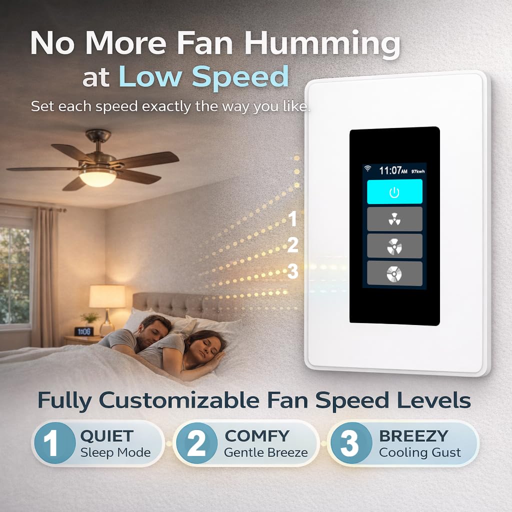 LANBON L9 LCD Smart Ceiling Fan Switch, Fan Only or Fan + Light Mode, Custom Fan Speed Control, Quiet Low-Speed Operation, Alexa & Google, Neutral Wire Required, Not for Remote Fans, L9-HF-TY