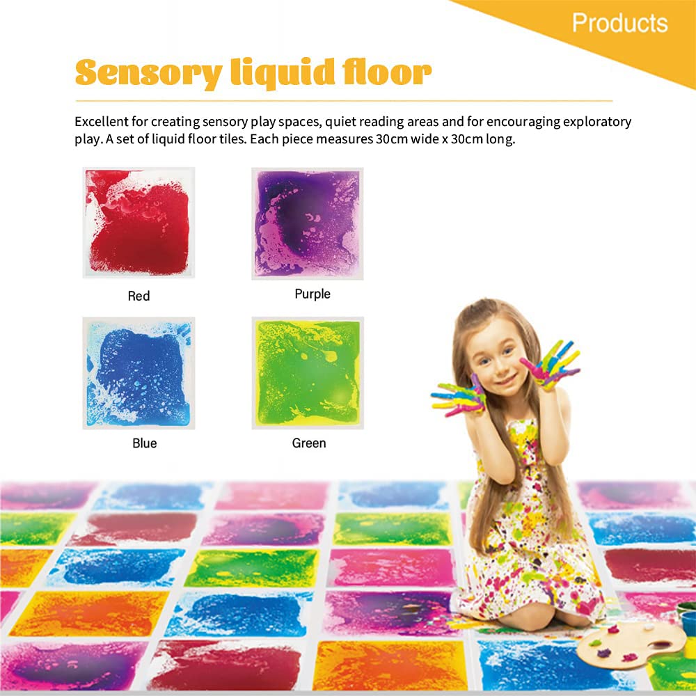 Azulejos sensoriales líquidos para niños, azulejos decorativos para autismo, juguetes de aprendizaje temprano, tapetes de juego de actividades con respaldo antideslizante, juego de 4 colores 2