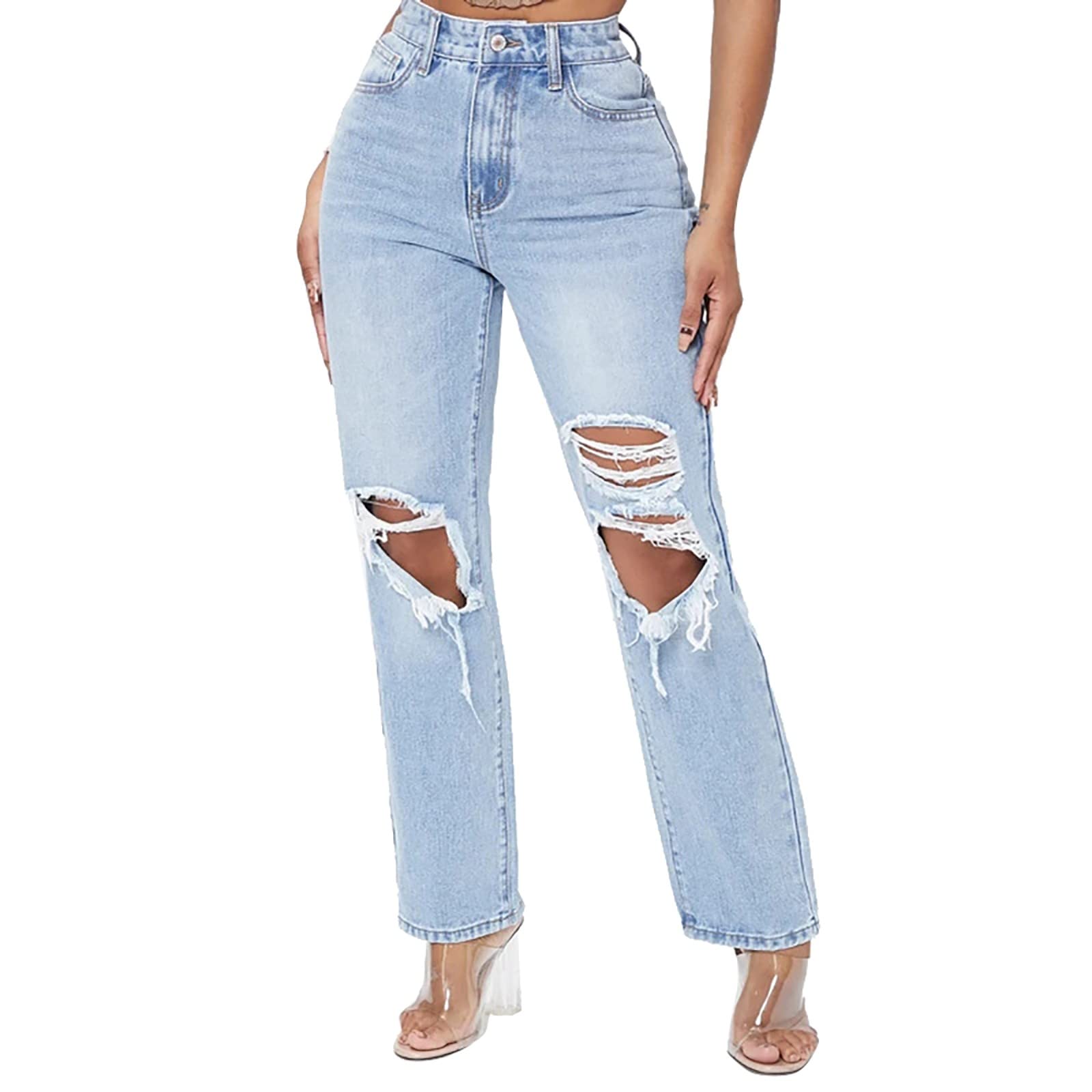 Lange Jeansjacke für Damen – zerrissenes Loch, hohe Taille, waschbar, hellblau, Denim-Jeans, Cargohose, Hot Girls Jeans, Jeans mit Löchern, Schwarz