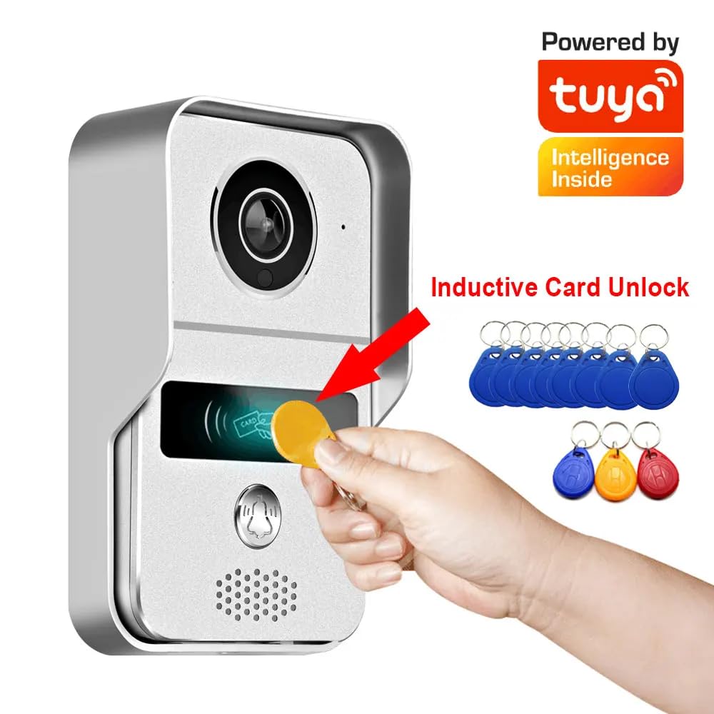 Tuya Smart Life Timbre de vídeo con timbre inalámbrico WiFi, RJ45 1080P Visión Nocturna Intercomunicador Vigilancia de seguridad Videoportero Sistema de control de acceso telefónico, Plata