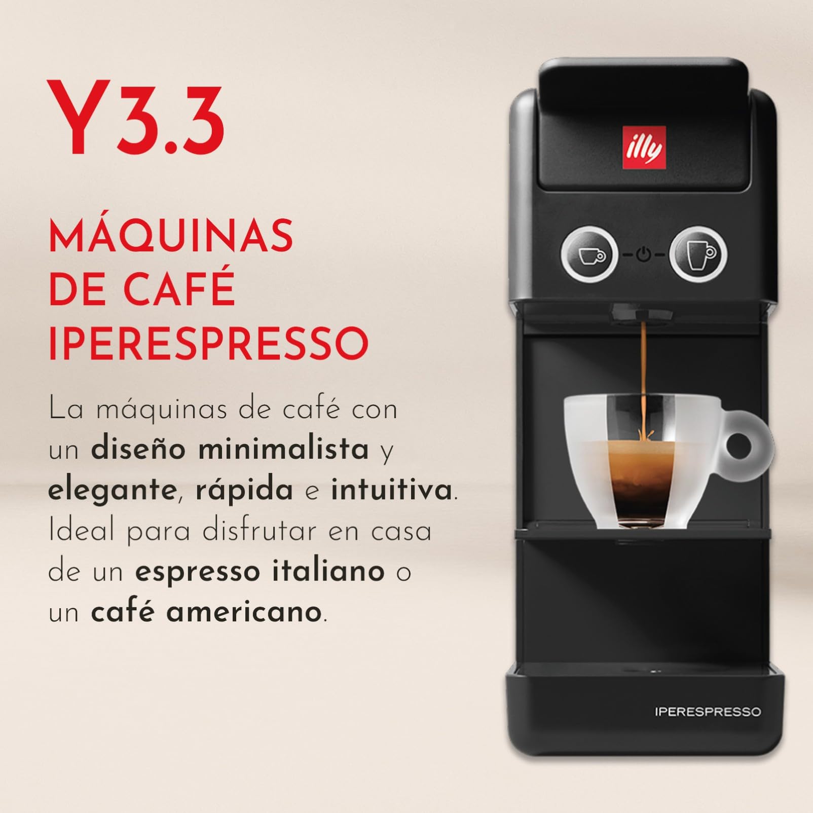 illy, Máquina de Café Iperespresso Y3.3 para Café Espresso y Americano, Rejilla de dos Alturas, Apagado y Descalcificación Automática, Compatible con Cápsulas Iperespresso, Color Negro