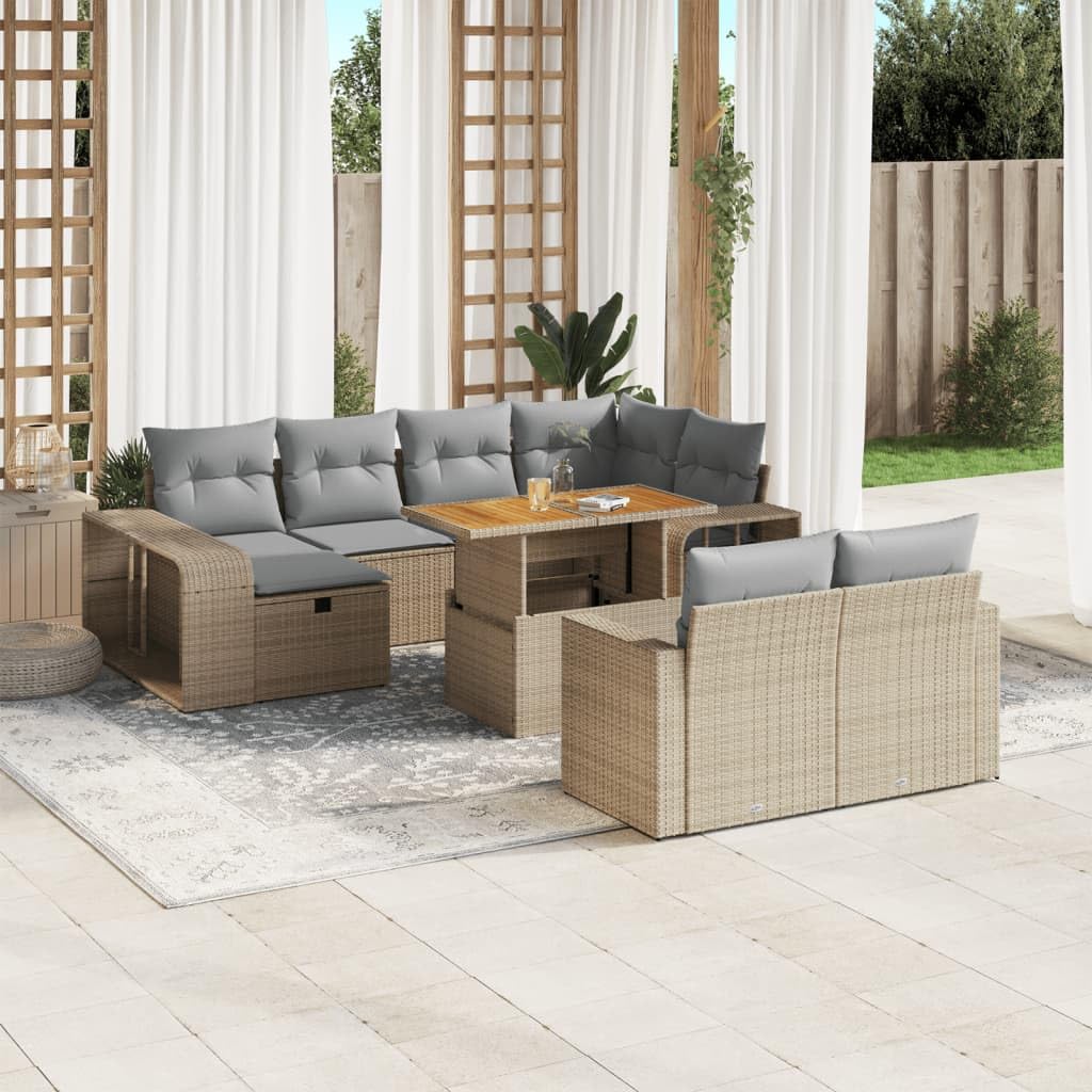 11-TLG. Garten-Sofagarnitur Beige mit Kissen aus Poly Rattan wetterfestes Polyrattan Lounge Set für Terrasse Balkon und Hof inklusive Tisch Stuhl und Stauraum