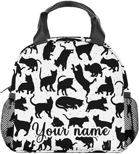 Lonchera personalizada para gatos para niños, lonchera aislada para niñas y niños, lindas bolsas de almuerzo negras reutilizables, pequeña con