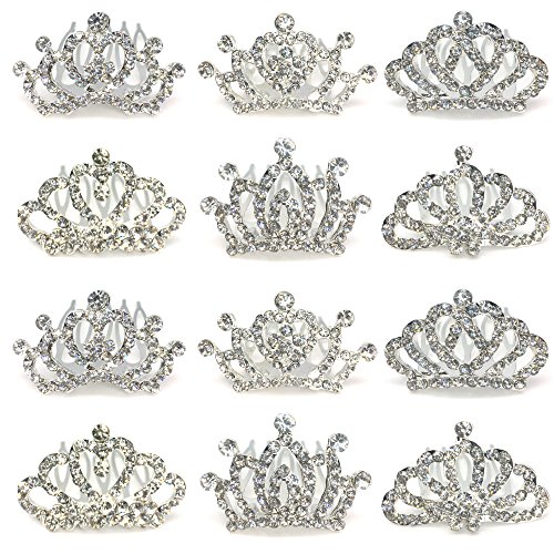 Elesa Miracle 12pc Girl Hair Accessories Rhinestone Tiara Crown Hair Comb Value Set, Princess Flower Girl Wedding Party Favor Hair Jewelry