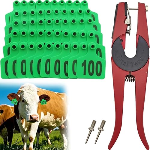 Juego de 100 etiquetas de oreja de ganado con números 001-100 de plástico para vacas, kit de aplicador de etiquetas de oreja de metal para animales