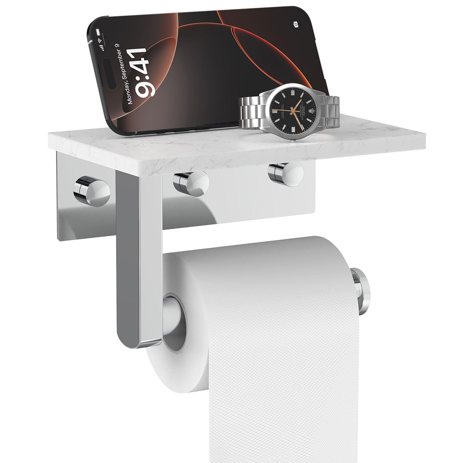Chrome Toilet Paper Holder with Marble Shelf Tissue Roll Holder