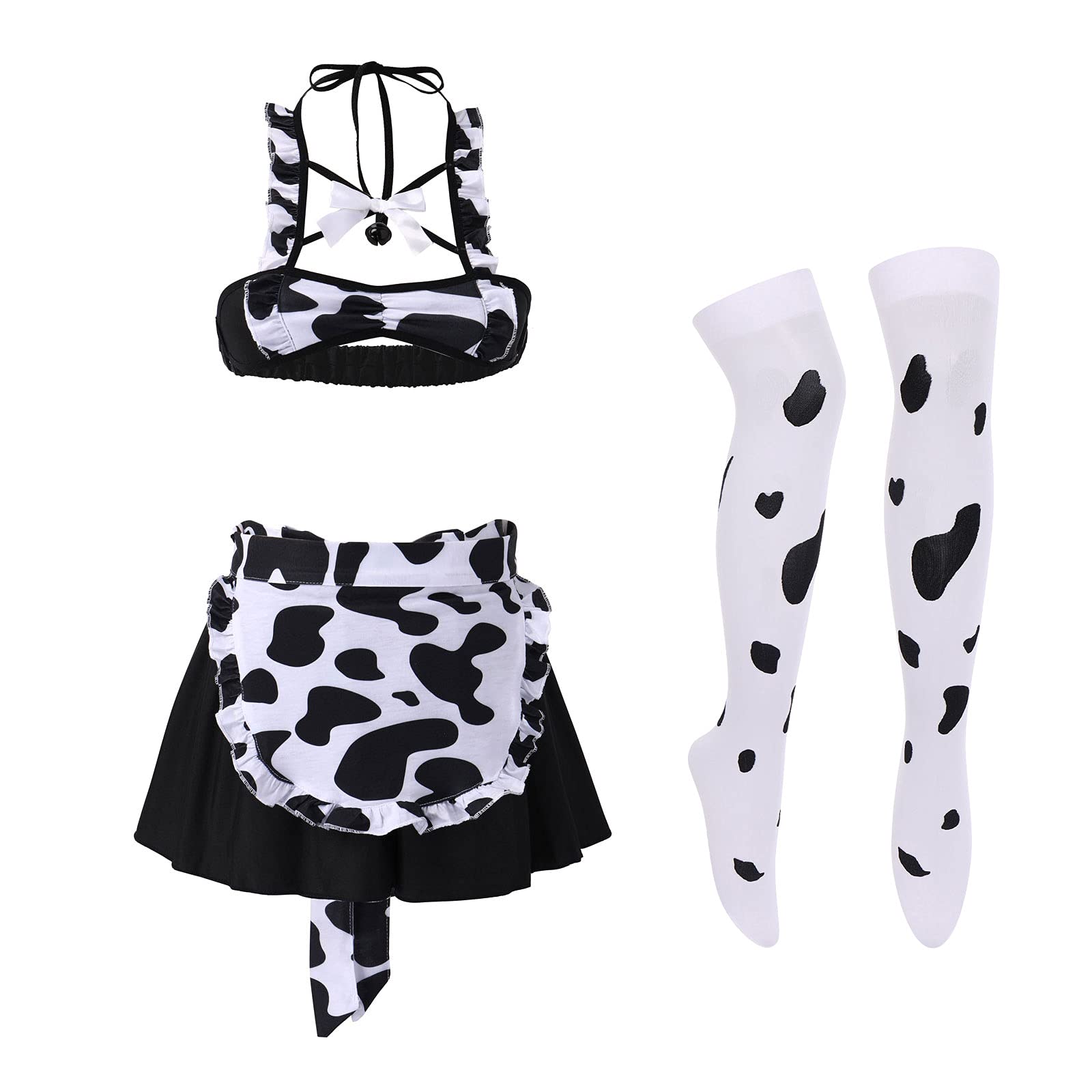 FYMNSI Women Sexy Milk Cow Lingerie Set Anime Maid Cosplay Costume Mini Bikini Bra Bodysuit with Bell Choker Stockings Outfit: One Size Cow Dress Set