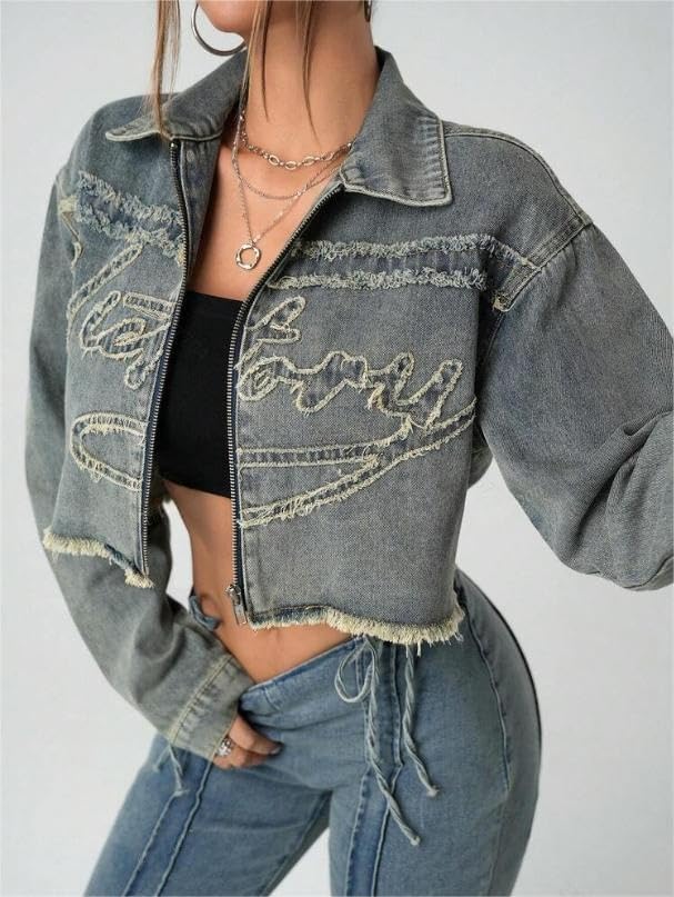 Women's Cropped Denim Jacket, Gray Washed, Frayed Hem, Zip Front, Collared, Long Sleeve, Distressed Style